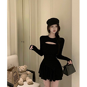 Set áo đen nhung khoét ngực tay dài kèm chân váy đen xoè