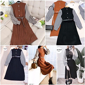 Đầm len cúc bọc phối tay caro siêu sang chảnh ko kèm đaihàng QC