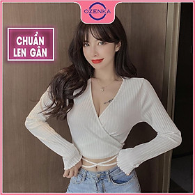 Áo croptop dệt kim tay dài buộc dây ôm body nữ OZENKA, crt cổ V len gân 100% cotton đen trắng size dưới 52 kg