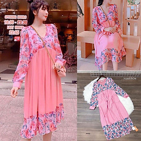 Đầm suông tay dài cổ V phối hoa Cao Cấp