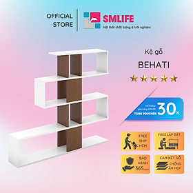 Kệ sách gỗ hiện đại SMLIFE Behati  | Gỗ MDF dày 17mm chống ẩm | D142xR23xC129cm - Màu Walnut Nhạt + Trắng