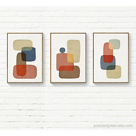 Tranh treo tường | Bộ 3 Tranh Mid Century Modern, Beige Navy Rust Wall Art