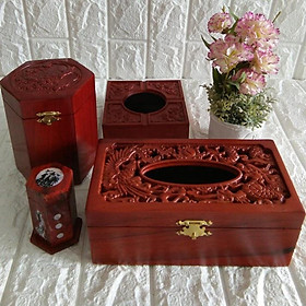 Bộ 4 món tiện ích bằng gỗ hương trạm khắc hộp Trà lớn,giấy chữ nhật,gạt tàn,hộp tăm - 4GTL03