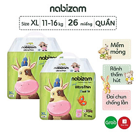 Combo 2 Bịch Tã Quần NABIZAM Ultra Thin Nội Địa Hàn Rãnh Chống Tràn Linh Hoạt Size XL Cho Bé Từ 11-16kg, 26 Miếng/Bịch