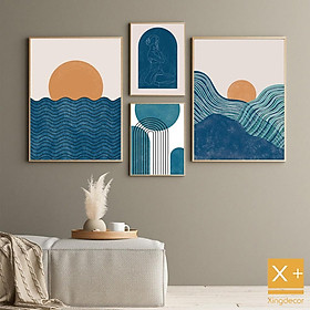 Mua Bộ 4 tranh treo tường tone xanh dương  tranh canvas  có đinh 3 chân tặng kèm.