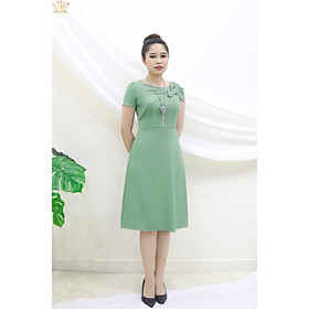 Đầm Thiết kế Đầm xòe Đầm thời trang công sở Đầm trung niên thương hiệu TTV387 xanh dứa - Đầm from a phối nơ rớt vai bên trái CT