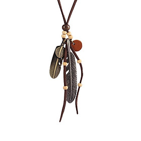 Vintage Women Metal Feather Pendant Necklace Wooden Beads Charms Sweater Necklace with  Rope