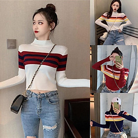 Áo Sweater dệt kim hoạ tiết kẻ sọc thiết kế cổ lọ thanh lịch