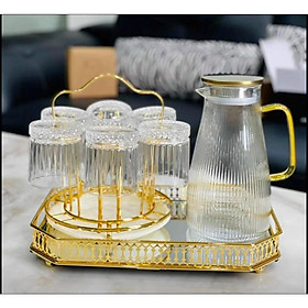 Mua Combo bộ bình đựng nước uống thủy tinh kèm 6 cốc  giá úp và khay gương sang trọng