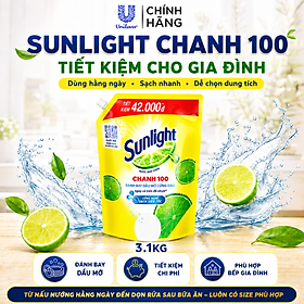 Nước Rửa Chén Sunlight Chanh 100 Chính Hãng Unilever, Sạch Dầu Mỡ, Tiết Kiệm Cho Gia Đình 3.1kg