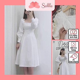 Đầm thiết kế váy trắng cổ vuông phối ren hạt tay bồng tiểu thư chun lưng Hàn Quốc Sollle