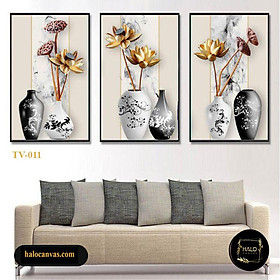 Mua Bộ 3 Tranh Canvas Bình Hoa Sen Vàng Họa Tiết Độc Đáo – (TV-011)