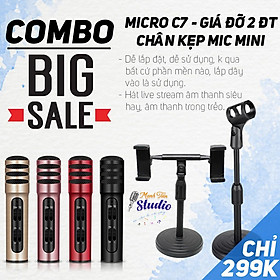 Mua Combo Micro live stream C7  chân kẹp micro mini  giá kẹp 2 điện thoại cực tiện lợi dễ sử dụng cho live stream(BH 12T)