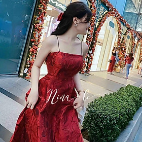 Đầm nữ gấm hoa 2 dây cao cấp thời trang thiết kế
