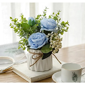 Hoa lụa, chậu hoa mẫu đơn điểm quả thảo để bàn trang trí quán cà phê, bàn làm việc sang trọng, lọ hoa decor phòng khách đẹp - xanh blue nhạt