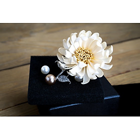 Hoa cài áo handmade vải lụa riboon nhành cúc thu Màu vàng be