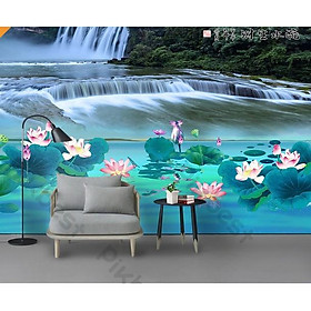 Cánh đồng hoa sen và thác nước, Tranh 3d dán tường hiện đại phòng khách, phòng ngủ (tích hợp sẵn keo) MS998787