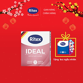 Bao cao su Ritex Ideal, siêu ẩm ướt, gấp đôi gel, hộp 3 chiếc