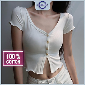 Áo croptop nữ kiểu ôm sexy cổ vuông cài khuy, áo crt ngắn tay đẹp thun gân 100% cotton màu đen trắng dưới 55 cân