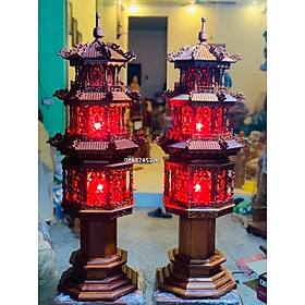 Cặp đèn thờ hình tháp 3 mái chùa bằng gỗ hương đẹp long lanh kt cao 1m27×52×52cm 
