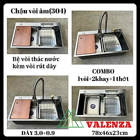 Mua Chậu rủa chén bát 1 hố lớn Valenza 78x46cm inox304 dày 3 5li kèm vòi liền thác nước  vòi rút dây 3 chế độ  2 khay inox  thớt gỗ và bộ xả chậu thoát nhanh chống hôi-Hàng chính hãng