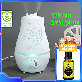 Máy Xông Tinh Dầu Dung Tích Lớn, 2 Vòi Phun Mạnh Mẽ, Đèn LED 7 Màu Cực Đẹp - Kèm Tinh Dầu Sả Chanh TIDAMO 10ML Xông Thơm Phòng Và Đuổi Muỗi - Hồ Điệp B