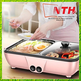 Mua Bếp lẩu nướng chia 2 ngăn cao cấp  mặt nồi tráng men chống dính 2 nút điều chỉnh nhiệt độ