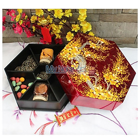 Mua HỘP MỨT TẾT SƠN MÀI CAO CẤP. Khay - Hộp mứt đựng bánh kẹo tết sơn mài lục giác 7 ngăn sáng tạo vẽ mai vàng nền đỏ .Mua 1 Tặng 1. Quà tặng tết 2022 ý nghĩa  sang trọng  đẳng cấp.