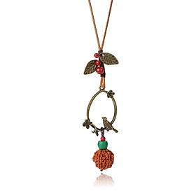 Vintage Women'S Alloy Bird-Leaf Necklace With Bodhi Seed Bead Pendant Bohemian Long-Chain Sweater Necklace Jewelry