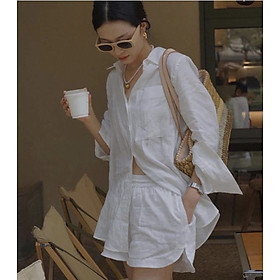 Bộ đồ nữ thời trang phong cách vintage màu trắng chất đũi mát mẻ áo dài tay quần 2 lớp kín đáo size từ 43-60kg
