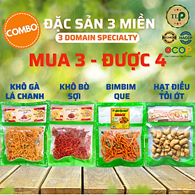 COMBO 4 GÓI ĐẶC SẢN 3 MIỀN (KHÔ GÀ, KHÔ BÒ, BIMBIM QUE, ĐIỀU TỎI ỚT) TÂN LỘC PHÁT