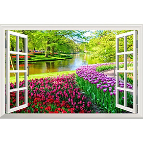 Tranh dán tường cửa sổ 3D - phong cảnh hoa đẹp - Kích thước theo yêu cầu