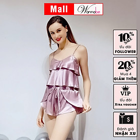 Đồ bộ mặc nhà WANNABE BSS05 đồ bộ quần sọt đắp bèo phối áo 2 dây crop top bèo tầng tạo độ phồng cho ngực