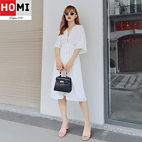 Đầm xòe cổ chữ V nơ cột eo - Màu trắng Hot sản phẫm HOMI Fashion