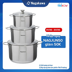 Bộ 3 Nồi Inox 304 Đáy Từ 5 Đáy Nagakawa NAG1351 (16cm, 20cm, 24cm) - Hàng Chính Hãng