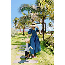 Váy xanh cổ V dáng xòe tay bồng siêu xinh – Đầm xòe đẹp DXO 101