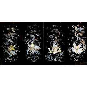 Tranh sơn mài 4 TẤM LONG LÂN QUY PHỤNG cẩn ốc chìm cao cấp, hàng xuất khẩu size 80x160 cm treo tường, trang trí nhà cửa