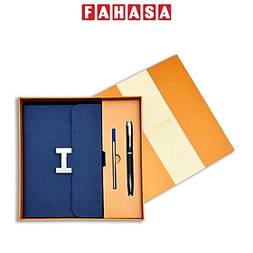 Bộ Quà Tặng Sổ Bìa Da Khóa Gài Kim Loại Kèm Bút Ký - 200 Trang 80gsm - Depai 25-75 - Mực Xanh - Màu Xanh Dương