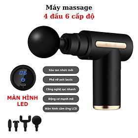 Súng massage cầm tay đấm bóp 4 đầu 6 chế độ màn hình Led cảm ứng, mát xa cổ vai gáy, đấm lưng giảm đau nhức