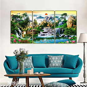 Bộ tranh phòng khách 3 tấm - sơn thủy hữu tình - Tranh in cán pvc gương / lụa kim sa: 1824L10
