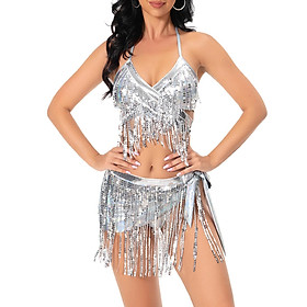 Women Belly Dance Costume, Sequin Tassel Set 3 Piece Outfit for Girls