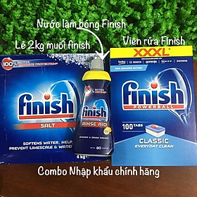 Combo viên rửa bát Finish 100 viên + Muối rửa bát 4.0kg+ Nước bóng 750m