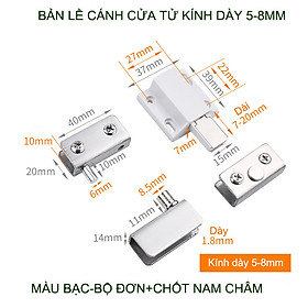 Bản lề cánh tủ kính kèm chốt hít nam châm, có loại cho cánh đơn hoặc đôi tùy chọn BLTK02 (inox, thép mạ chống gỉ)