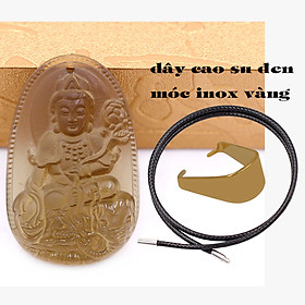 Mặt Phật Phổ hiền đá obsidian ( thạch anh khói ) 5 cm kèm vòng cổ dây cao su đen - mặt dây chuyền size lớn - size L, Mặt Phật bản mệnh