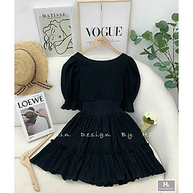 Đầm xoè xốp 2 lớp tay phồng hở lưng nhún tầng