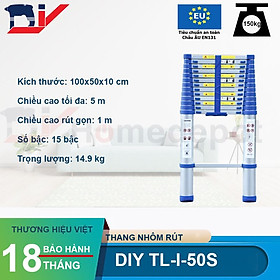 Thang nhôm rút đơn DIY TL-I-50S chiều cao sử dụng tối đa 5.0m - Tiêu chuẩn an toàn chất lượng Châu Âu