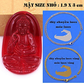 Mặt Phật Thích ca mậu ni pha lê đỏ 1.9cm x 3cm (size nhỏ) kèm vòng cổ dây chuyền inox vàng + móc inox vàng, Mặt dây chuyền Phật tổ Như lai
