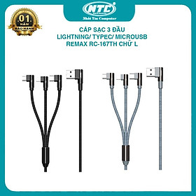 Mua Cáp sạc 3 đầu chữ L Remax RC-167th cổng LN/ TypeC / MicroUSB dài 1m max 2.4A - chống rối chống gãy gập - Hàng Chính Hãng
