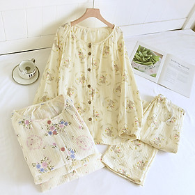 Bộ Đồ Bầu Và Sau Sinh Dài Tay Có Khe Mở Cho Con Bú Chất Liệu Xô Muslin M6