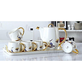 Mua Bộ ấm chén kèm khay sứ viền vàng dùng pha trà họa tiết chim